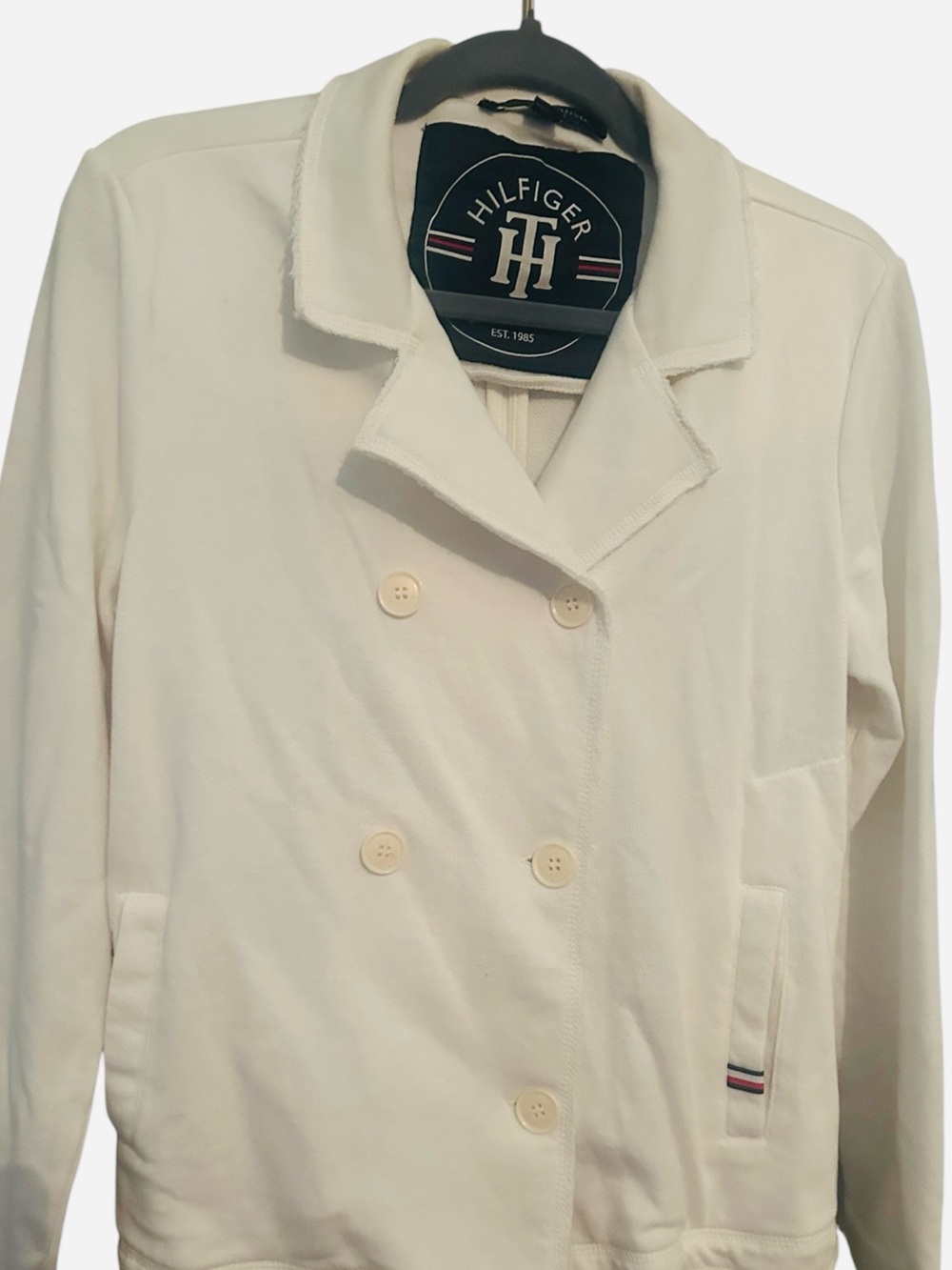 Tommy Hilfiger White Double-Breasted Soft French Terry Knit Jacket